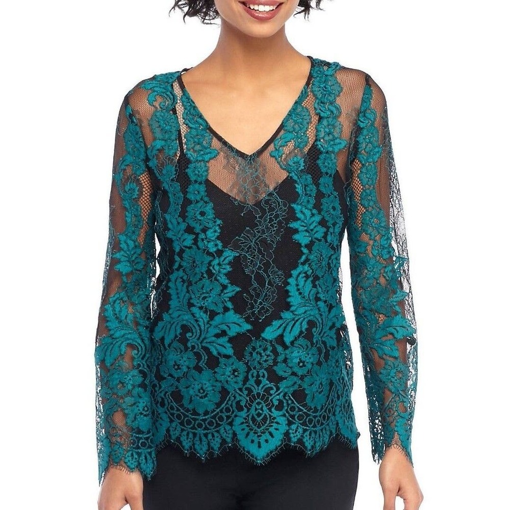 NWT The Limited Sz L Turquois &‎ Black Lace Fairy Whimsigoth Sheer V-neck Blouse